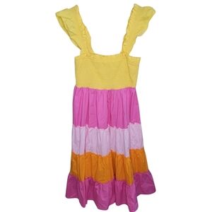 Crown & Ivy | Colorful Tiered Ruffle Sleeveless Midi Dress Pink Yellow Orange